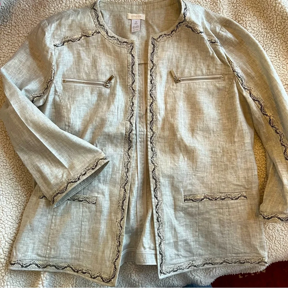 Chico's Light Sage Linen Blend Embroidered Trim Open Front Jacket